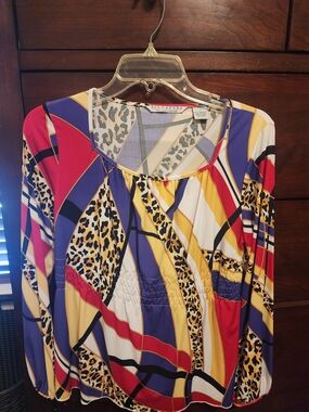 Larry Levine Multicolor Printed Long-Sleeve Blouse - Purple/Red/Yellow/Cream